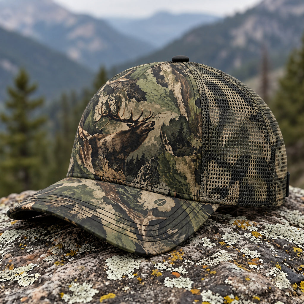 Deep Timber Bull Mesh Cap 2.0 side view showing the all-over print mesh