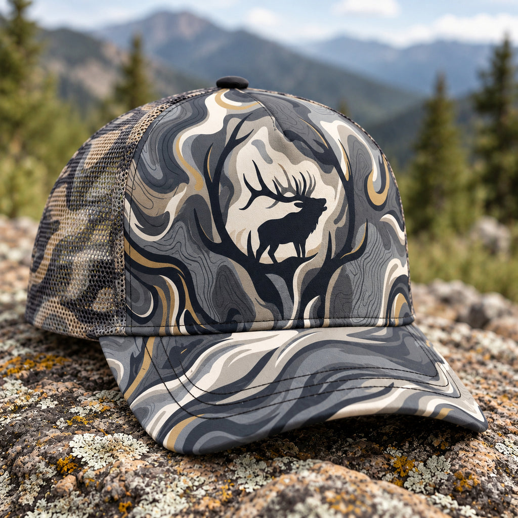 Marble Ridge Bull Mesh Cap 2.0 side view showing the all-over print mesh