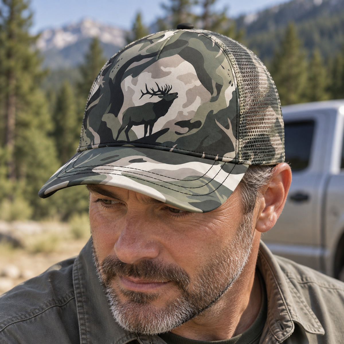 Moss Veil Bull Mesh Cap 2.0 worn outdoors