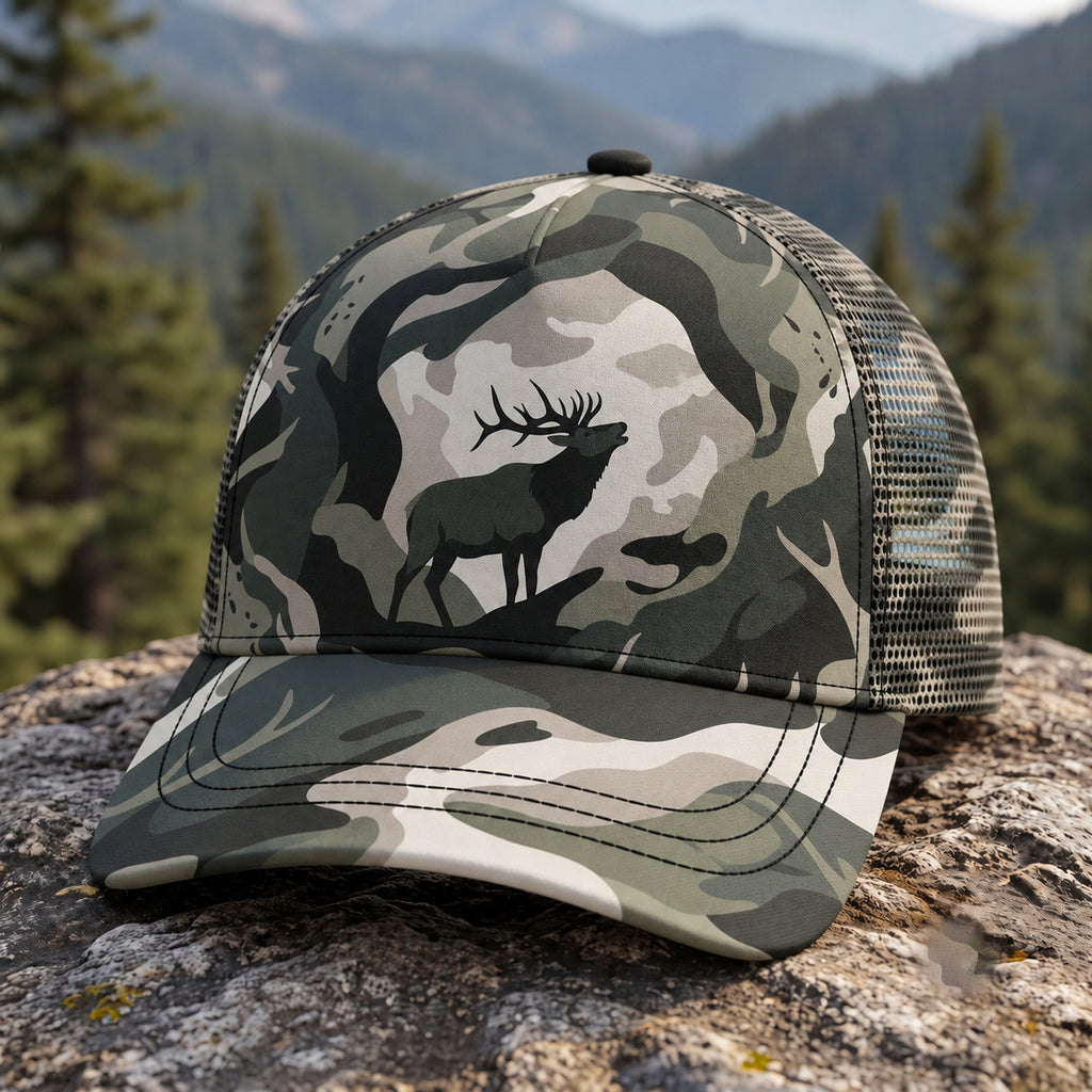 Moss Veil Bull Mesh Cap 2.0 side view showing the all-over print mesh