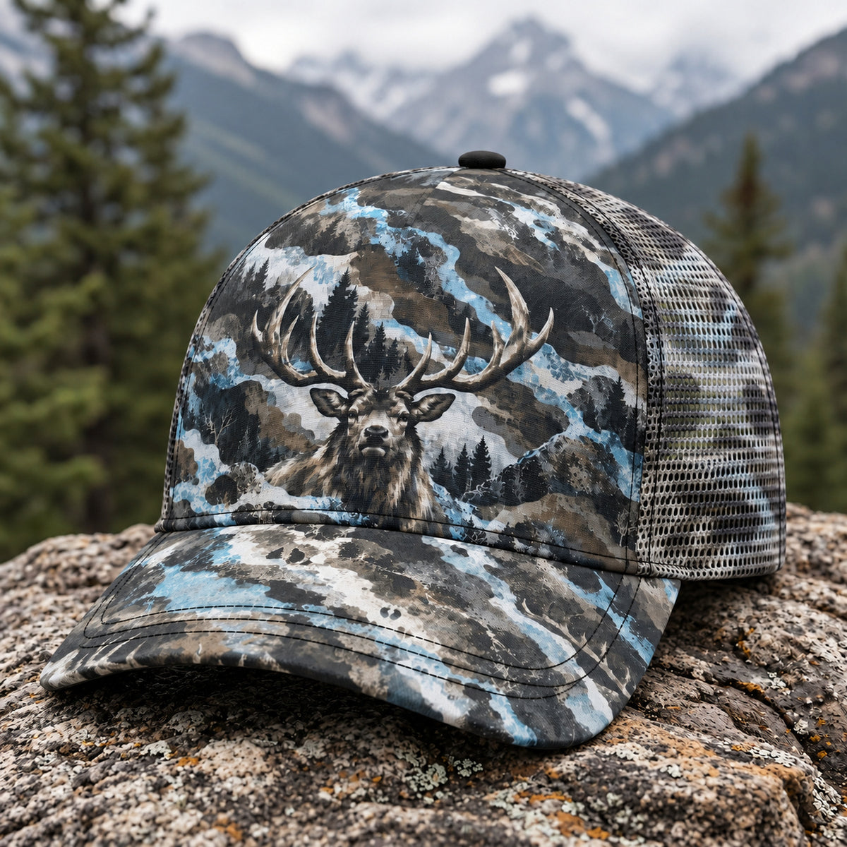 Frost Timber Bull Mesh Cap 2.0 side view showing the all-over print mesh