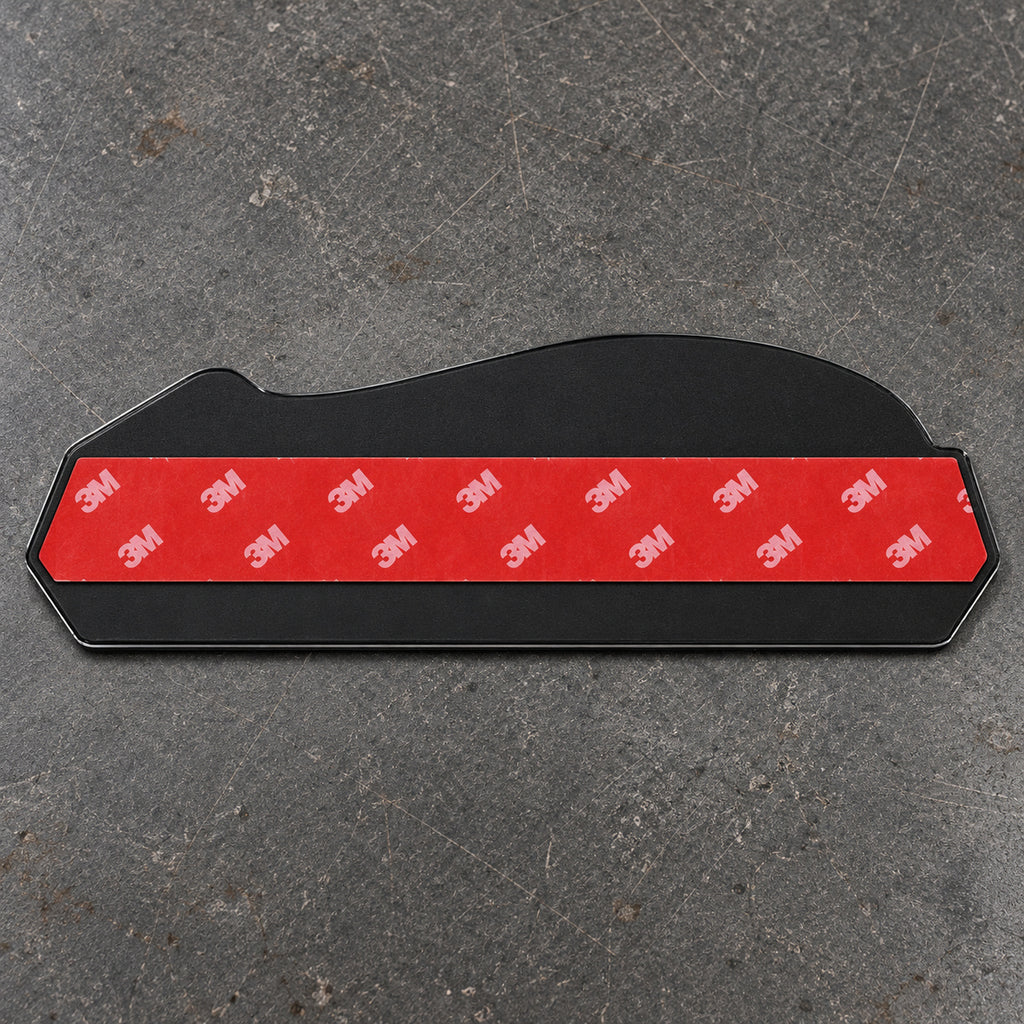 Back of the emblem: black ABS backing plate with pre-applied 3M adhesive