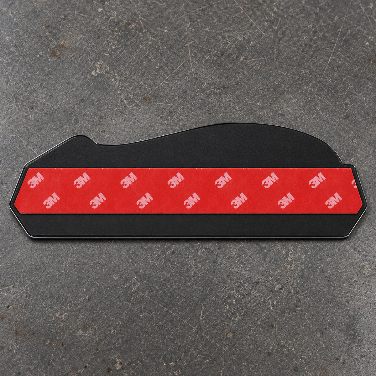 Back of the emblem: black ABS backing plate with pre-applied 3M adhesive