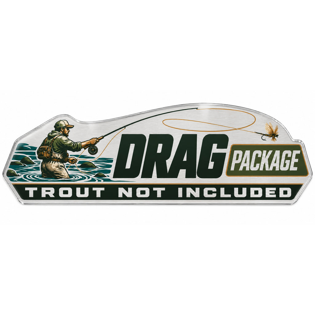 Drag Package dry fly and wading angler metal car emblem, front view
