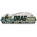 Drag Package dry fly and wading angler metal car emblem, front view