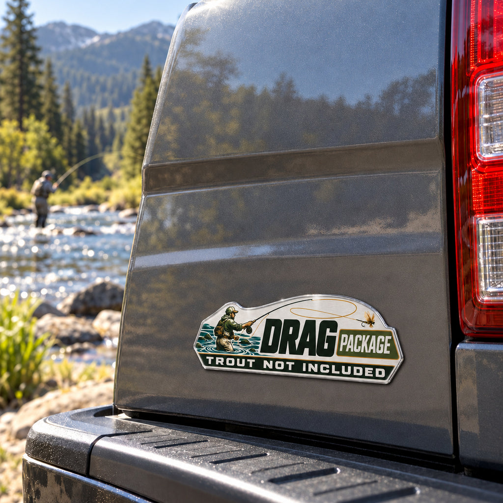Drag Package fly fishing emblem on a pickup truck tailgate, angle view