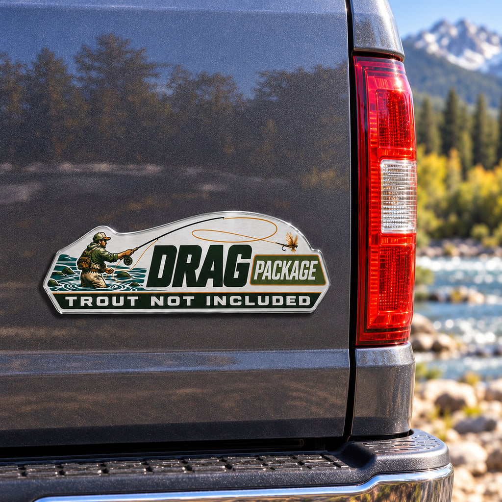 Fly fishing emblem mounted on a truck tailgate, close direct view