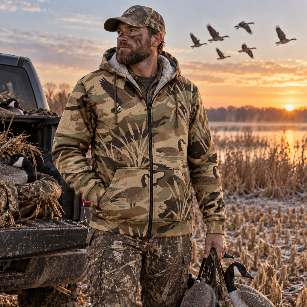 Goose Hunting Cut Field Honker Fleece Full-Zip Hoodie worn outdoors