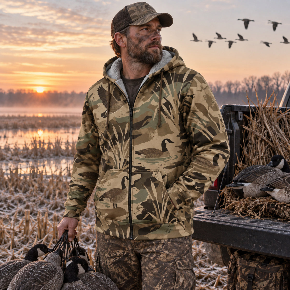 Goose Hunting Cut Field Honker Fleece Full-Zip Hoodie angled view