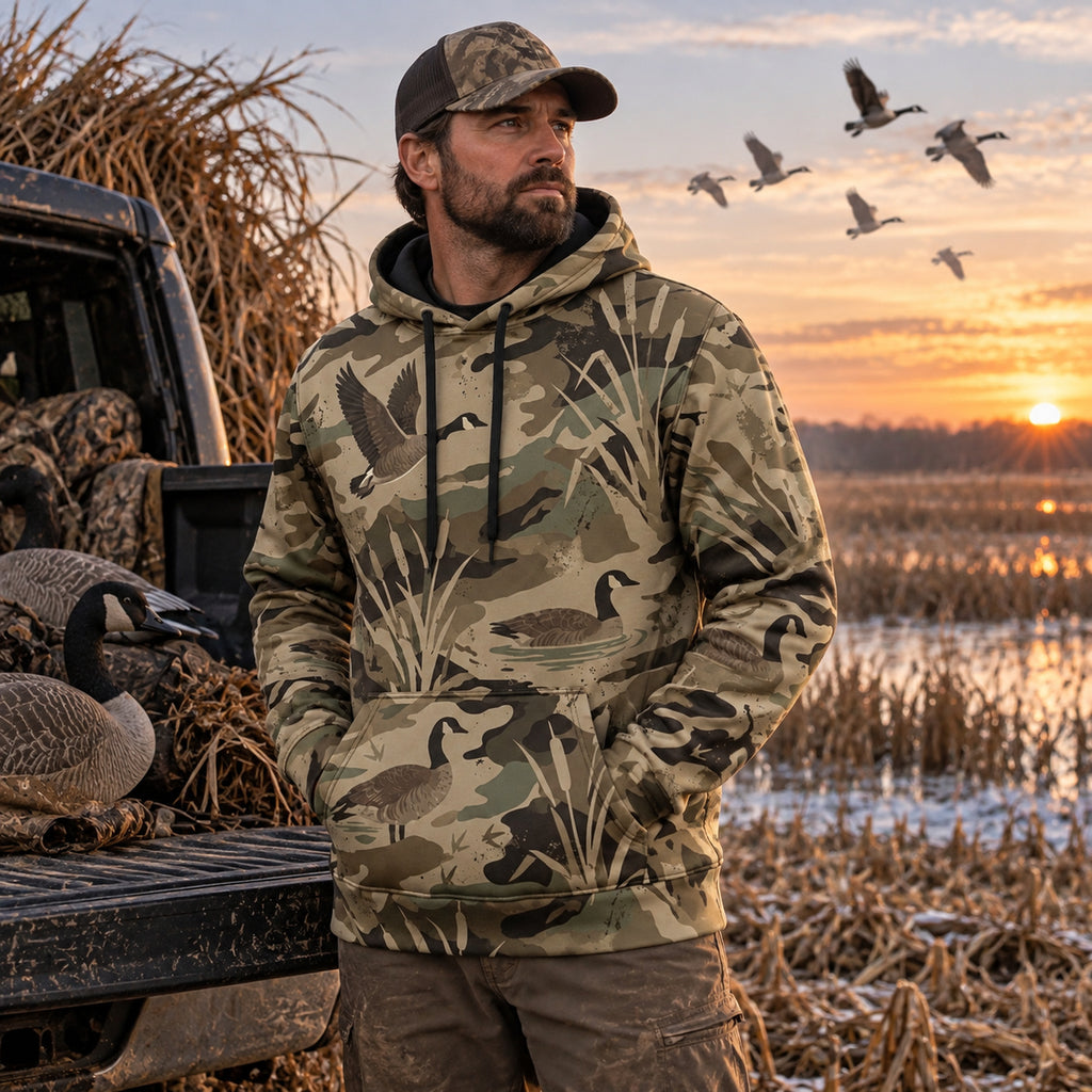 Goose Hunting Cut Field Honker Field Pullover Hoodie angled view