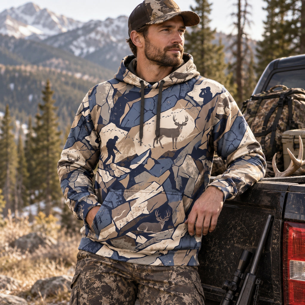 Mule Deer Hunting Shale Break Field Pullover Hoodie worn outdoors