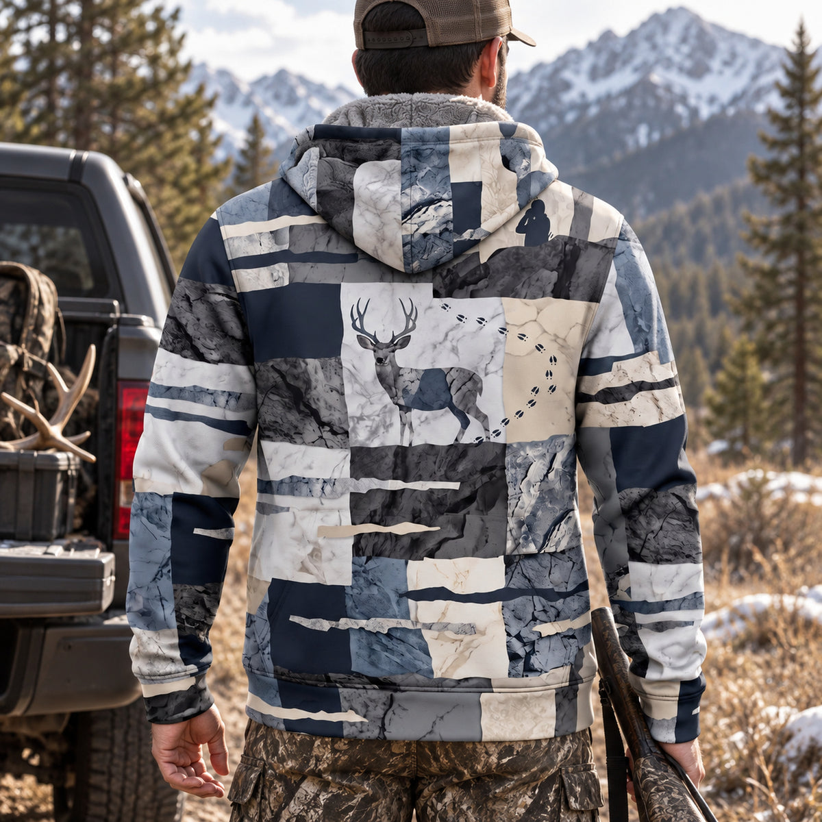 Mule Deer Hunting Granite Slab Fleece Full-Zip Hoodie back