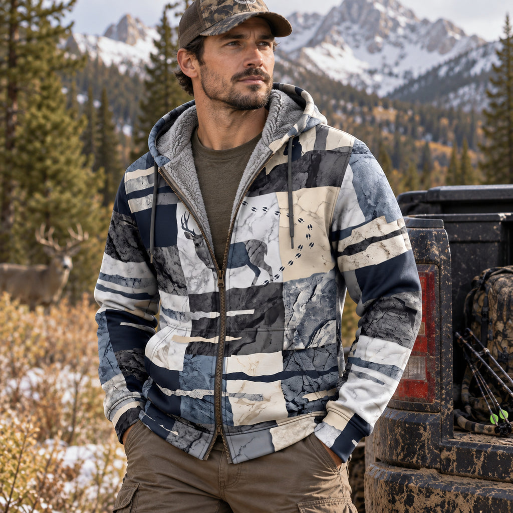 Mule Deer Hunting Granite Slab Fleece Full-Zip Hoodie worn outdoors