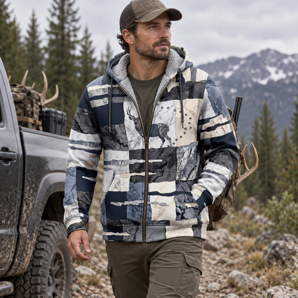 Mule Deer Hunting Granite Slab Fleece Full-Zip Hoodie angled view