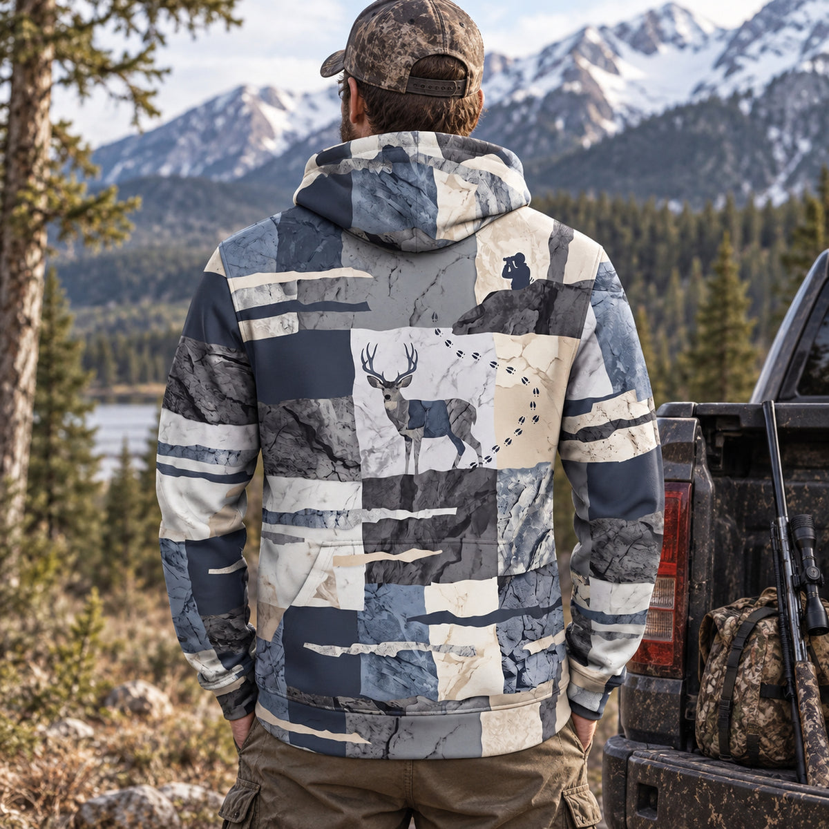 Mule Deer Hunting Granite Slab Field Pullover Hoodie back