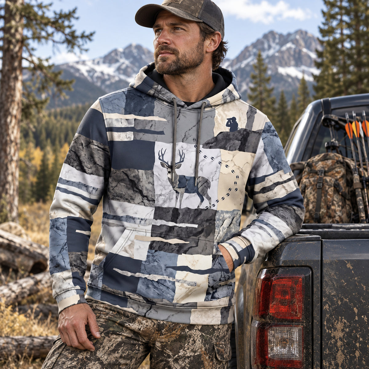 Mule Deer Hunting Granite Slab Field Pullover Hoodie worn outdoors