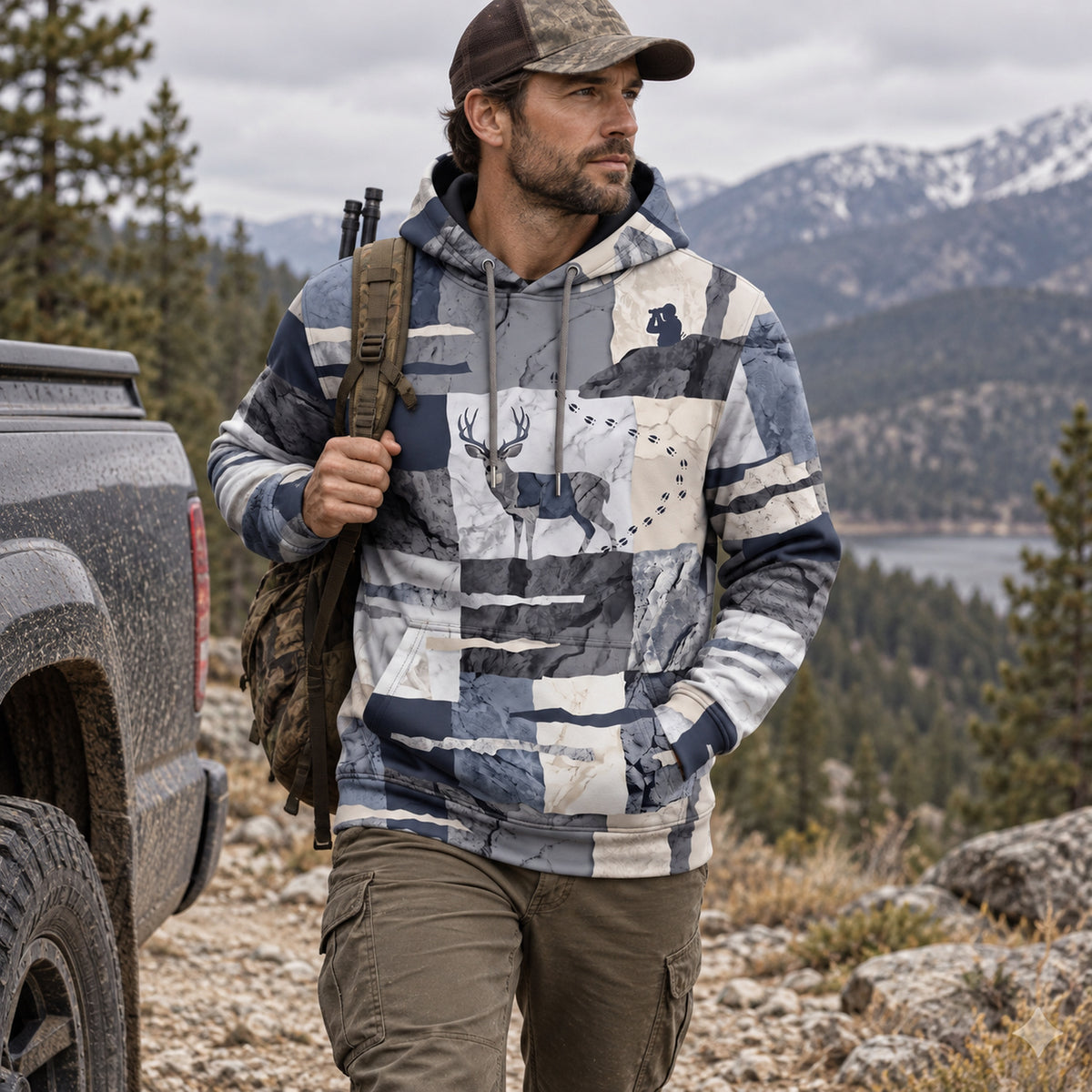 Mule Deer Hunting Granite Slab Field Pullover Hoodie angled view