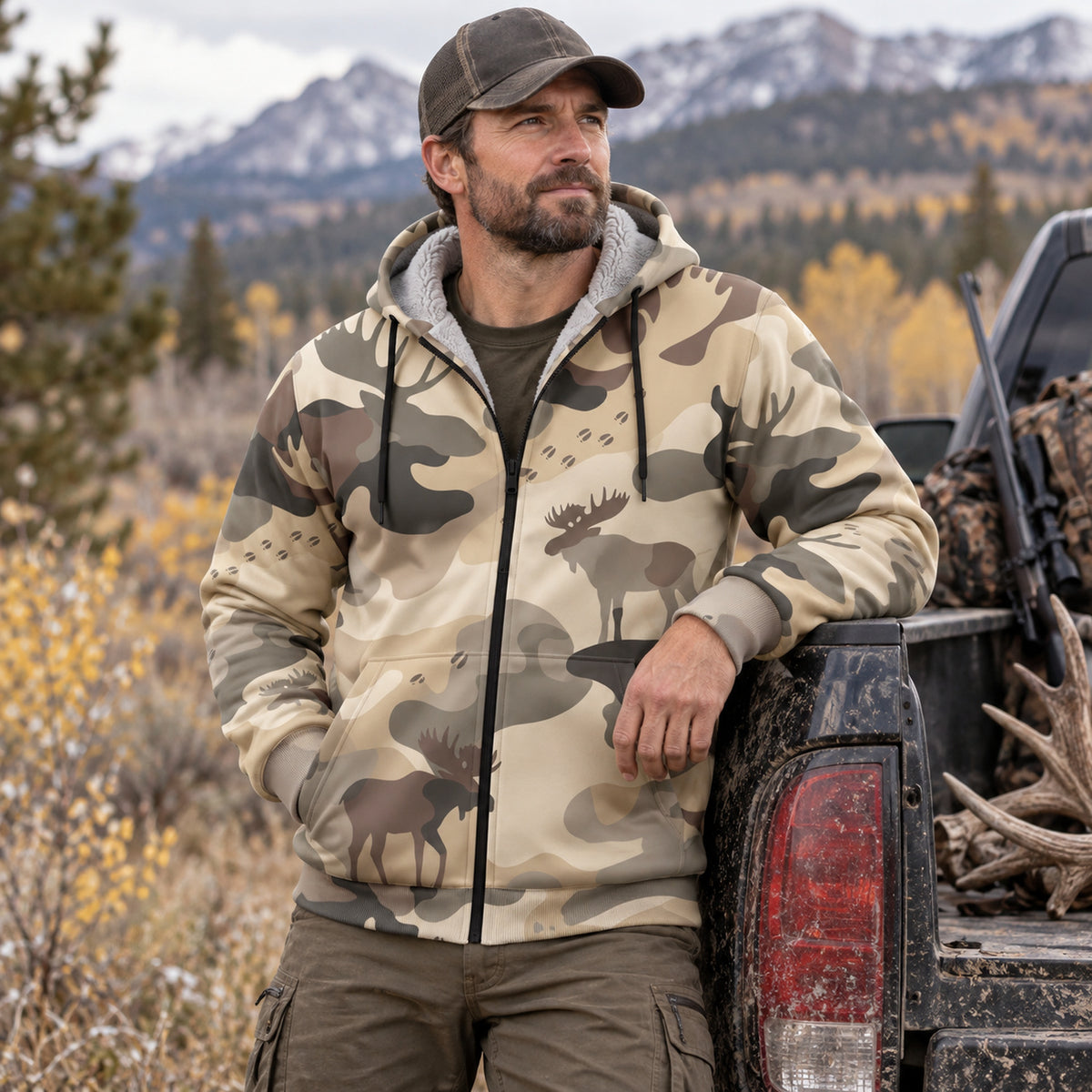 Moose Hunting Tundra Drift Fleece Full-Zip Hoodie worn outdoors
