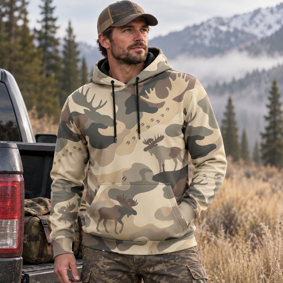 Moose Hunting Tundra Drift Field Pullover Hoodie worn outdoors