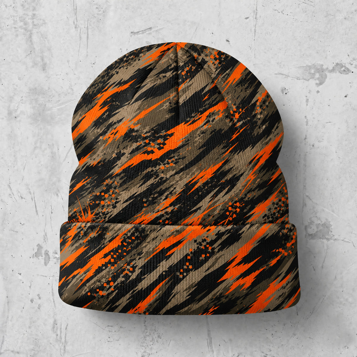 Back of the beanie showing the all-over camo print