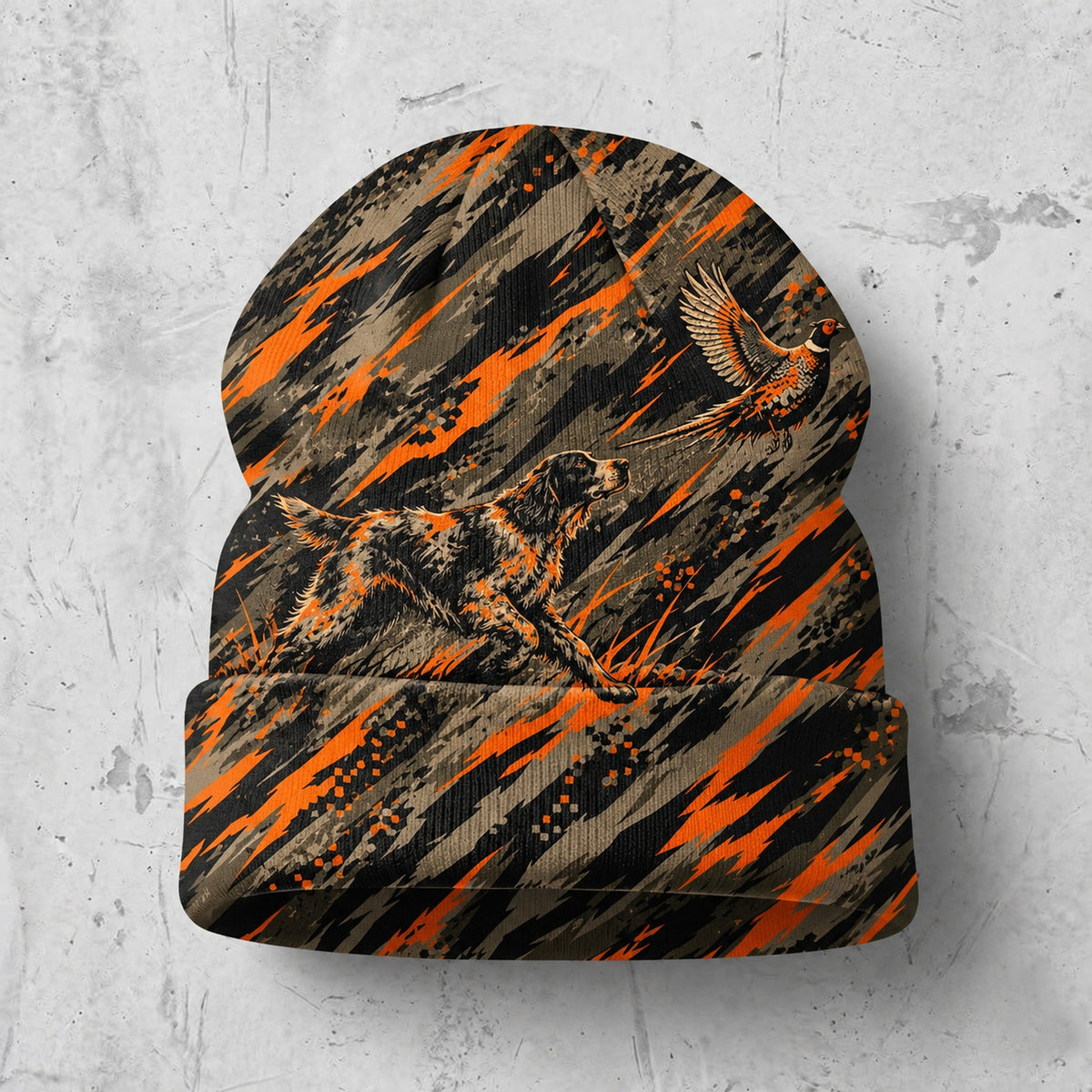 Blaze slash bird dog camo knit beanie, full product view