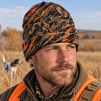 Upland hunter wearing the blaze slash camo beanie, front view