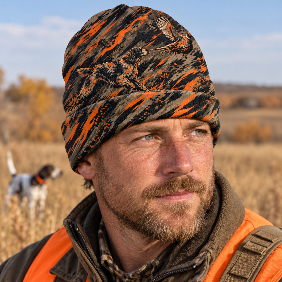 Upland hunter wearing the blaze slash camo beanie, front view