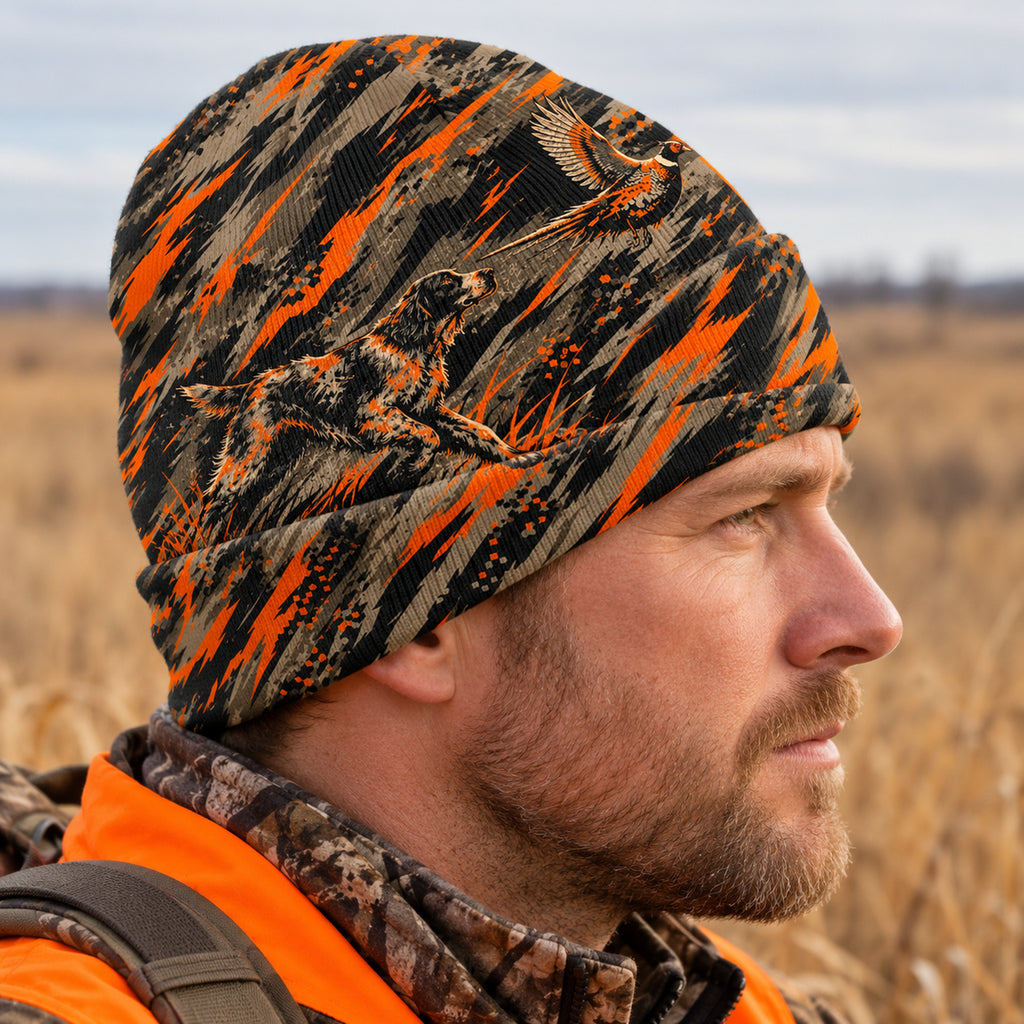 Upland hunter wearing the beanie, side view