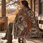 Blanket draped over the shoulders on a cabin porch