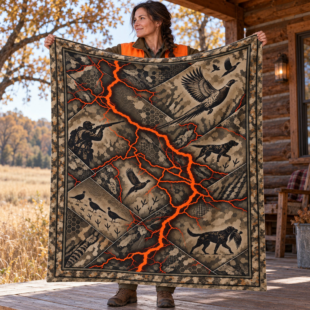 Hunter holding up the ember vein pheasant camo fleece blanket