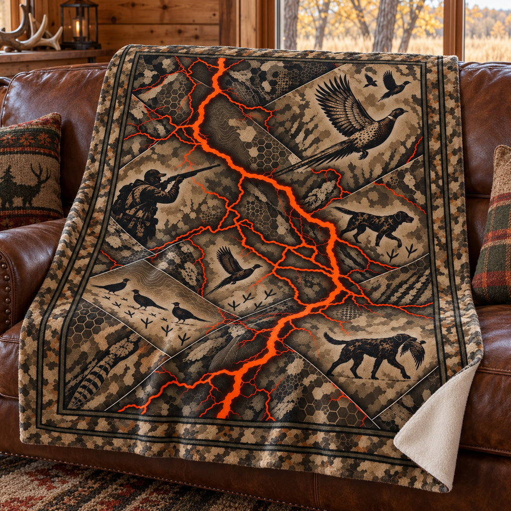Ember vein pheasant camo fleece blanket draped over a cabin couch