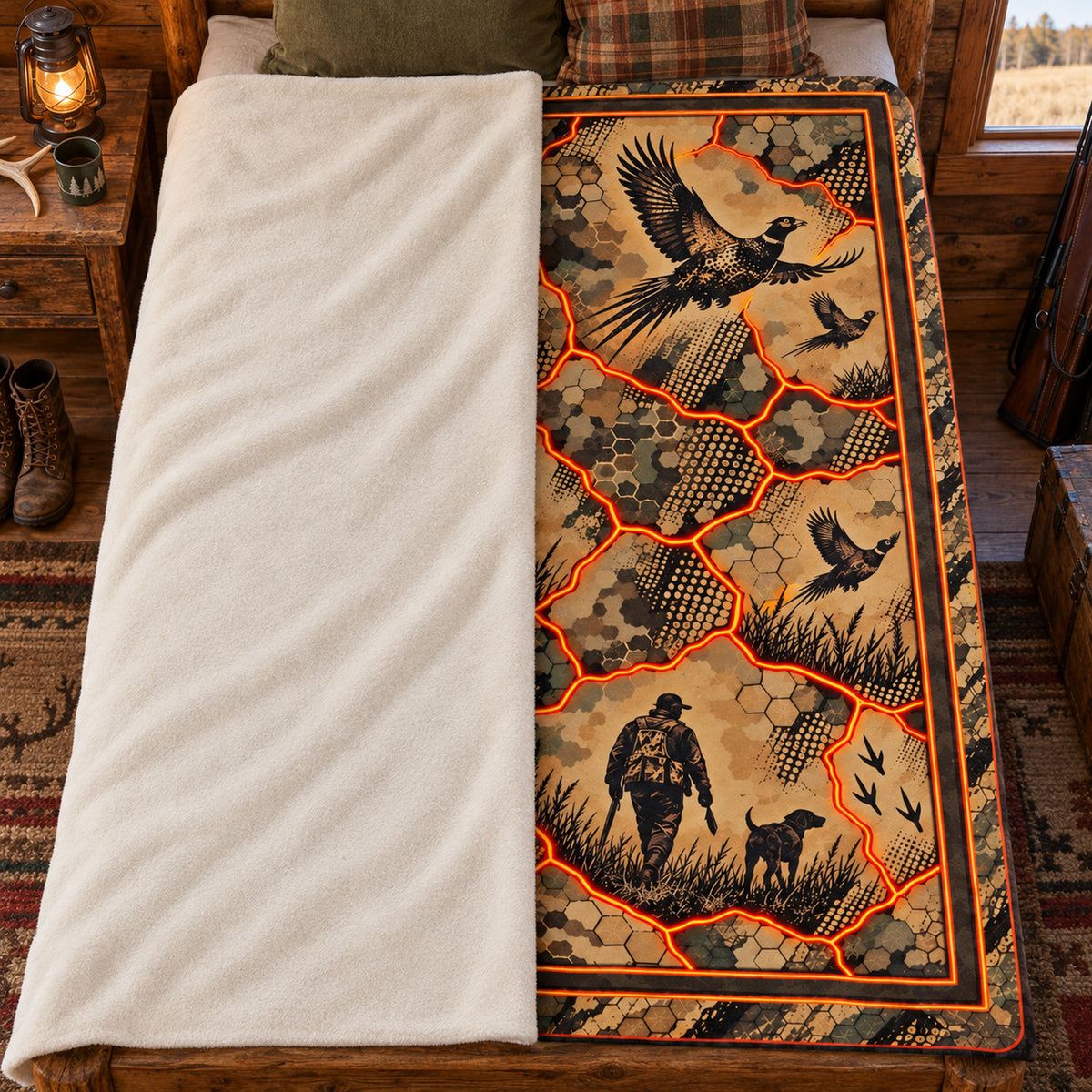 Blanket folded back on a bed, showing the sherpa lining