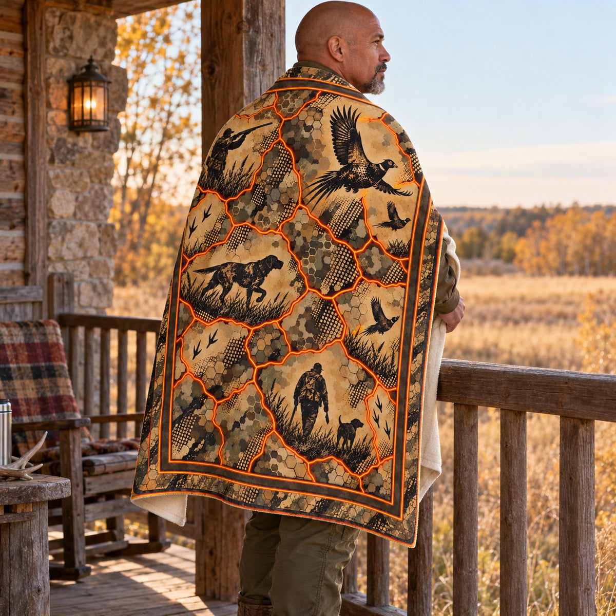 Blanket draped over the shoulders on a cabin porch