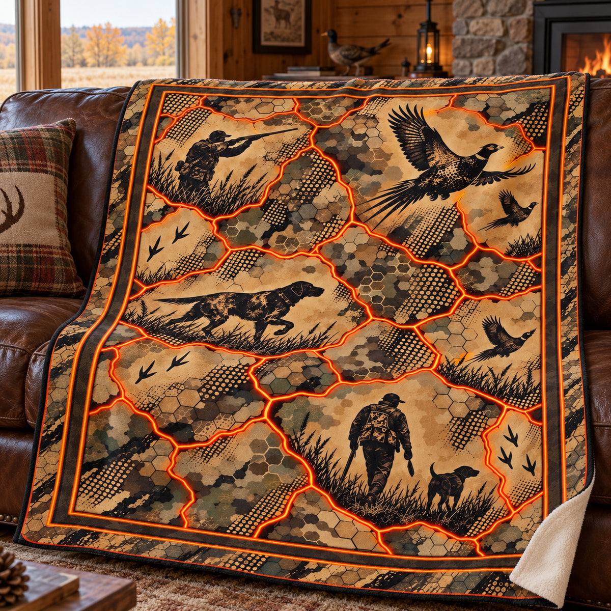 Hex ember bird dog fleece blanket draped over a cabin couch