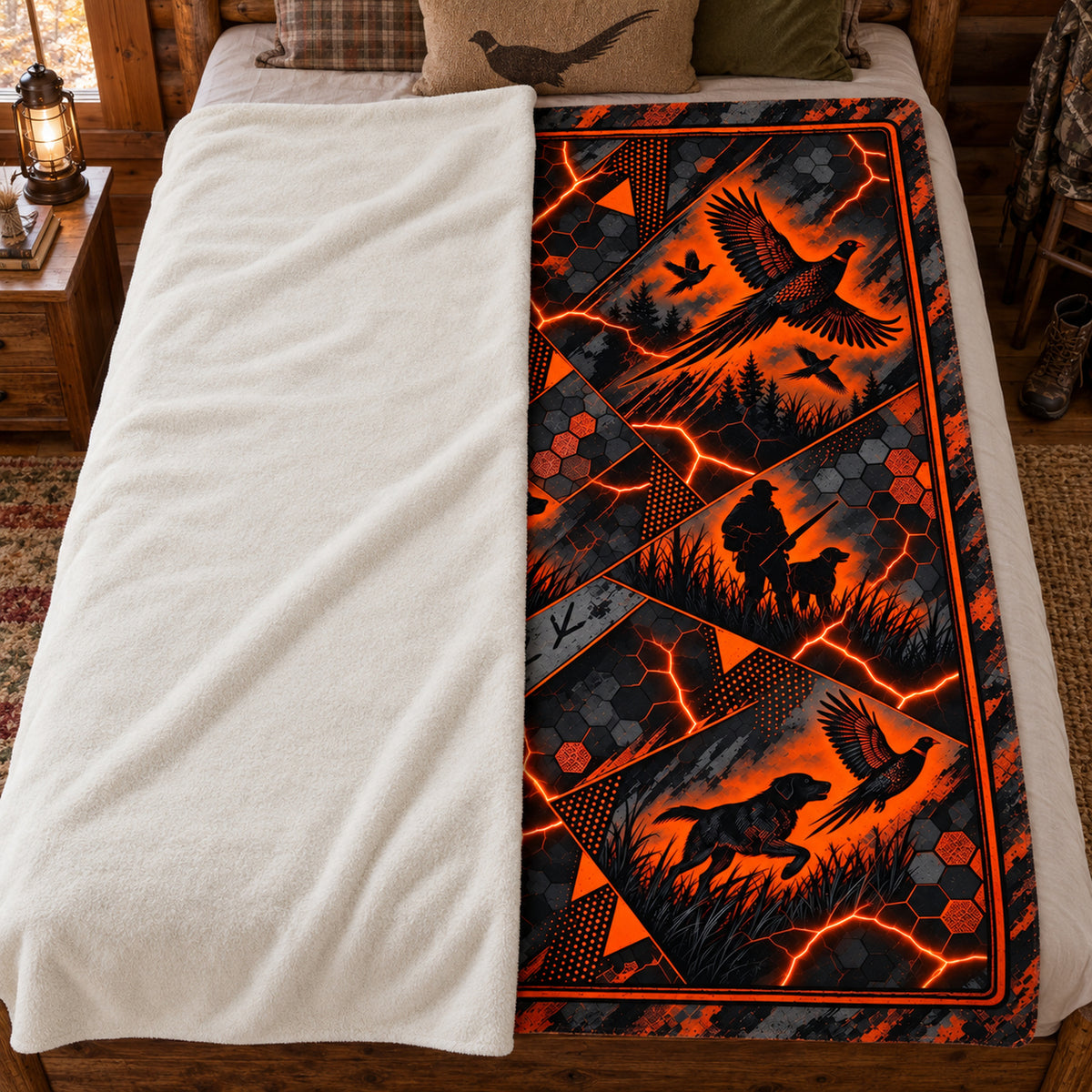 Blanket folded back on a bed, showing the sherpa lining
