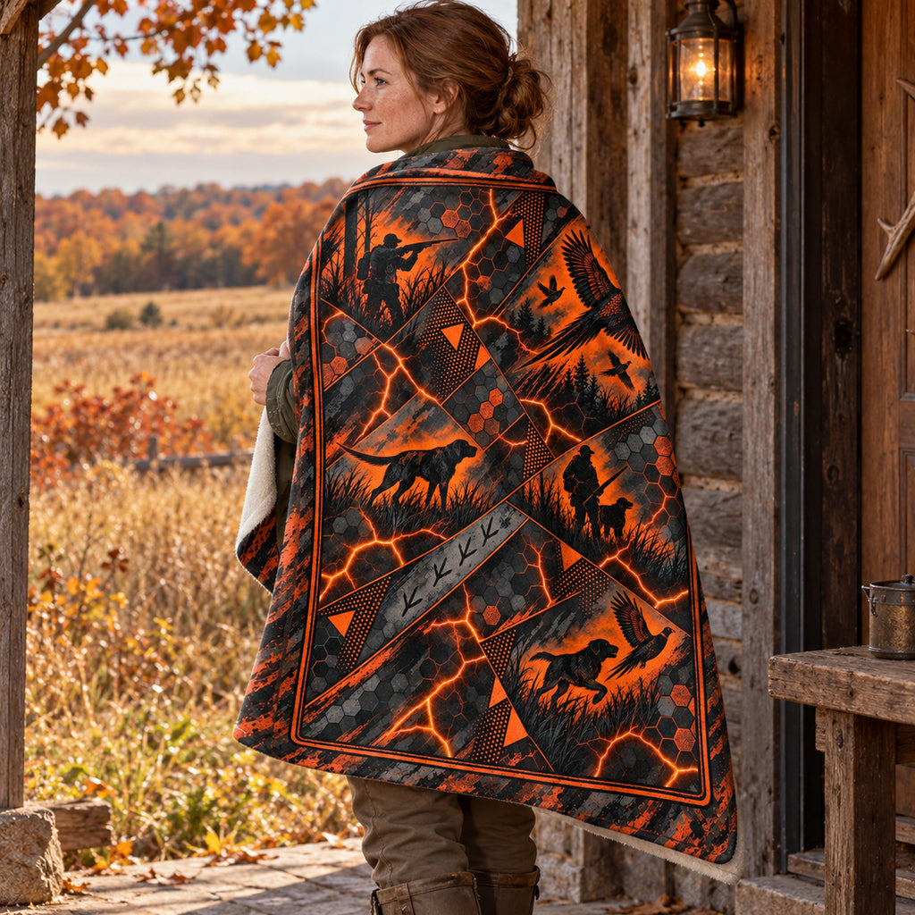 Blanket draped over the shoulders on a cabin porch