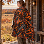 Blanket draped over the shoulders on a cabin porch