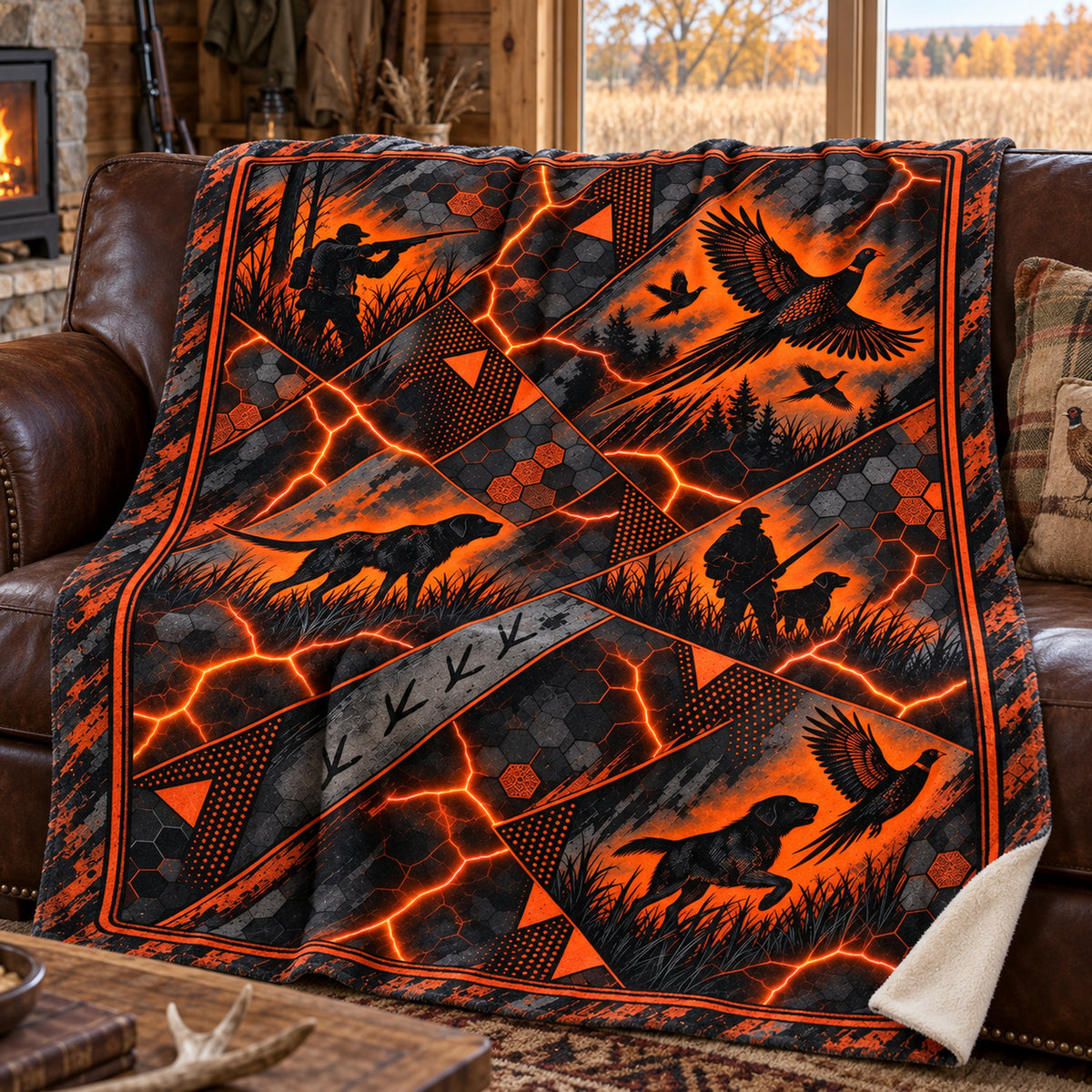 Molten shard rooster fleece blanket draped over a cabin couch