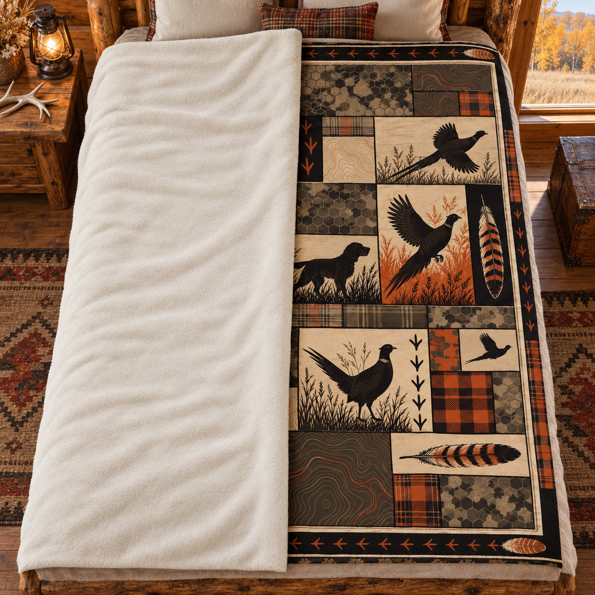 Blanket folded back on a bed, showing the sherpa lining