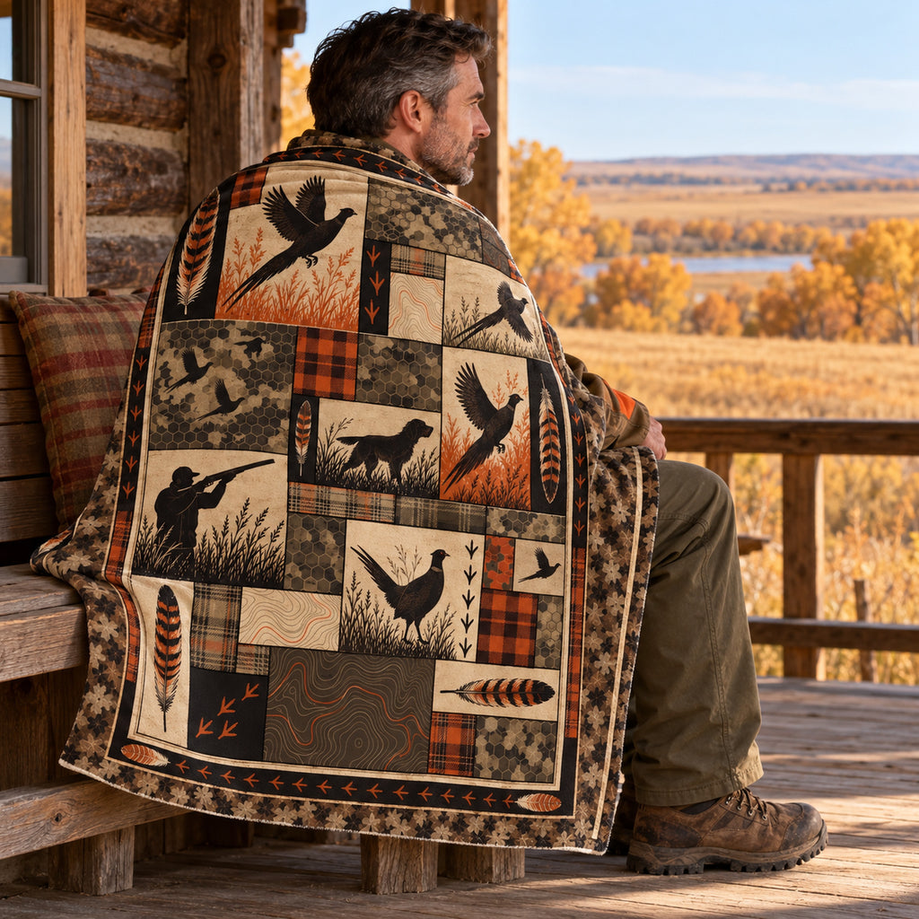 Blanket draped over the shoulders on a cabin porch