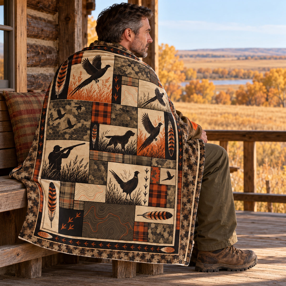 Blanket draped over the shoulders on a cabin porch