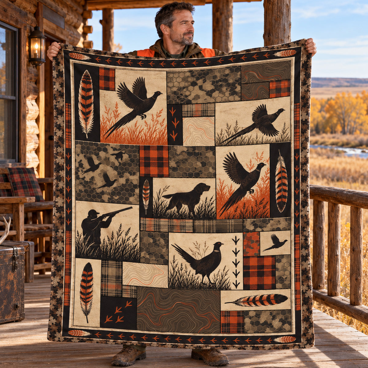 Hunter holding up the plaid patch feather pheasant fleece blanket