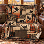 Plaid patch feather pheasant fleece blanket draped over a cabin couch