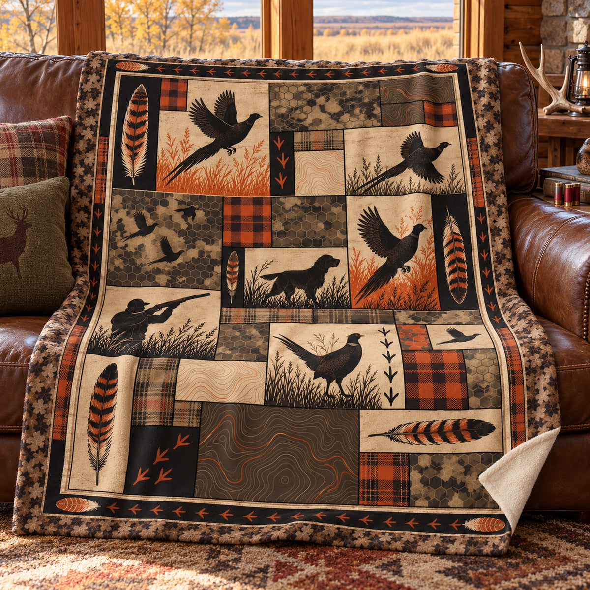 Plaid patch feather pheasant fleece blanket draped over a cabin couch
