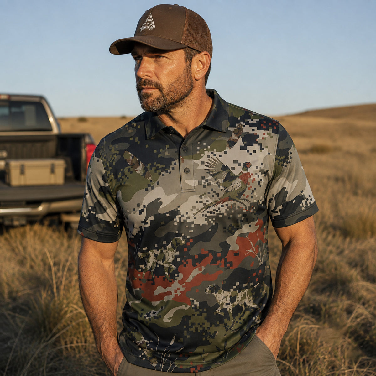 Crimson Flush Camo Polo Shirt On Body 2