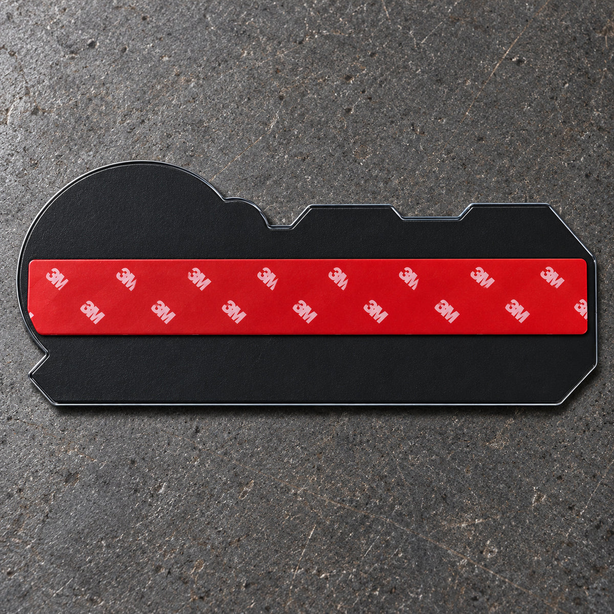 Back of the emblem: black ABS backing plate with pre-applied 3M adhesive