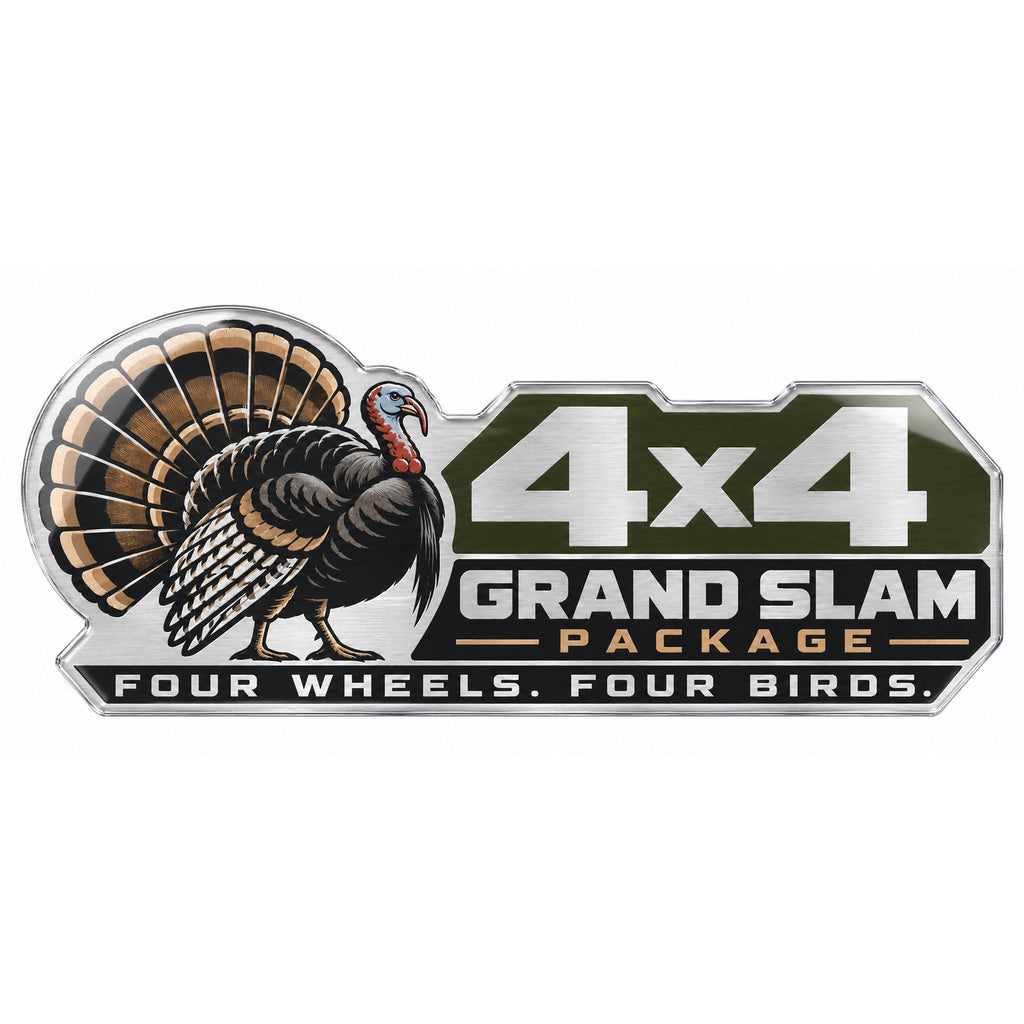 4x4 Grand Slam strutting gobbler metal car emblem, front view