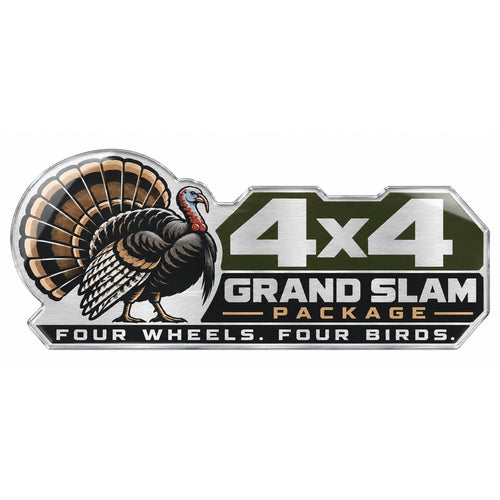 4x4 Grand Slam strutting gobbler metal car emblem, front view