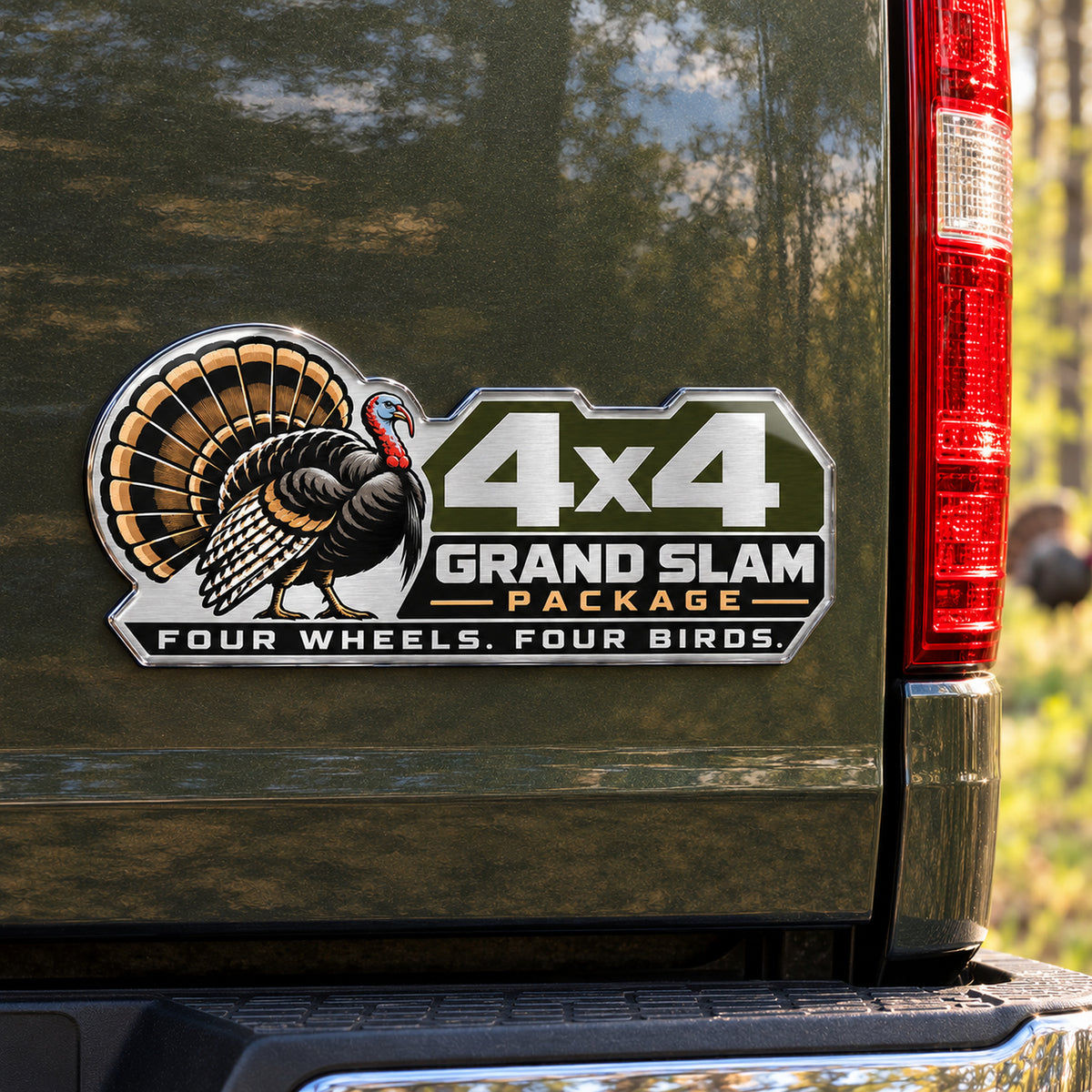 Turkey hunting emblem mounted on a truck tailgate, close direct view