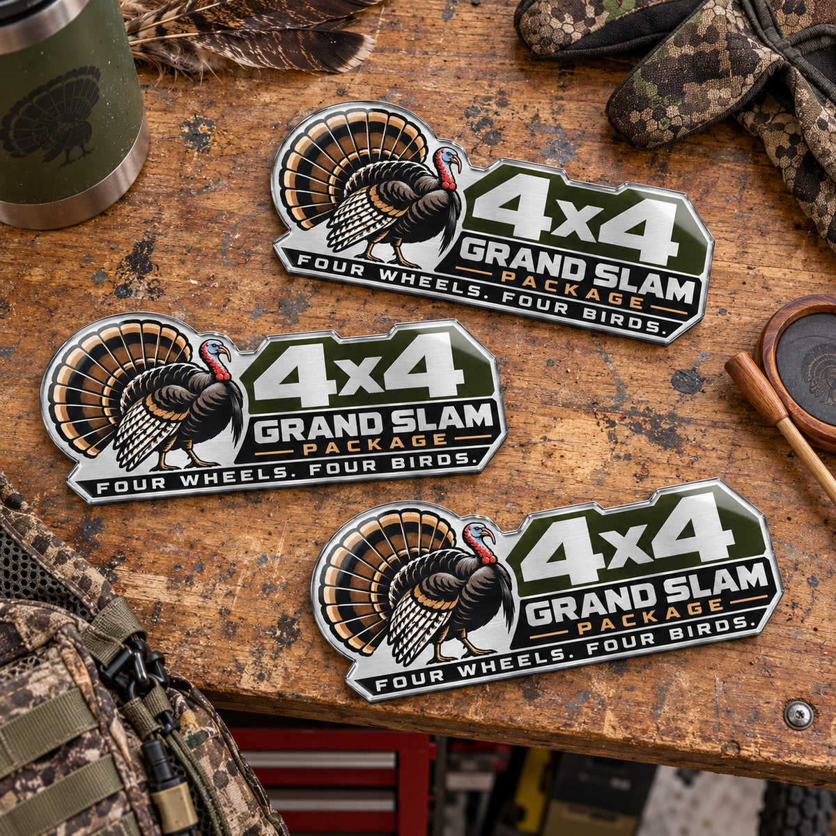 Three sizes of the turkey metal emblem side by side